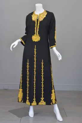 1970s Black Wool Gold Embroidered A-Line Caftan Maxi Dress 1970s Black Wool Gold Embroidered A-Line Caftan Maxi Dress