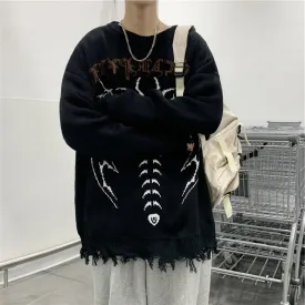 Aidase  Skeleton Jacquard Sweater Mens High Street Autumn Knitted Sweater Raw Hem Ripped  Loose Crew Neck Long Sleeve Pullover Men