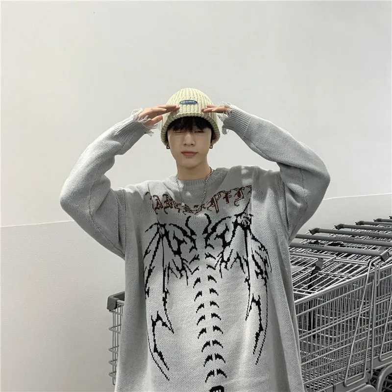 Aidase  Skeleton Jacquard Sweater Mens High Street Autumn Knitted Sweater Raw Hem Ripped  Loose Crew Neck Long Sleeve Pullover Men