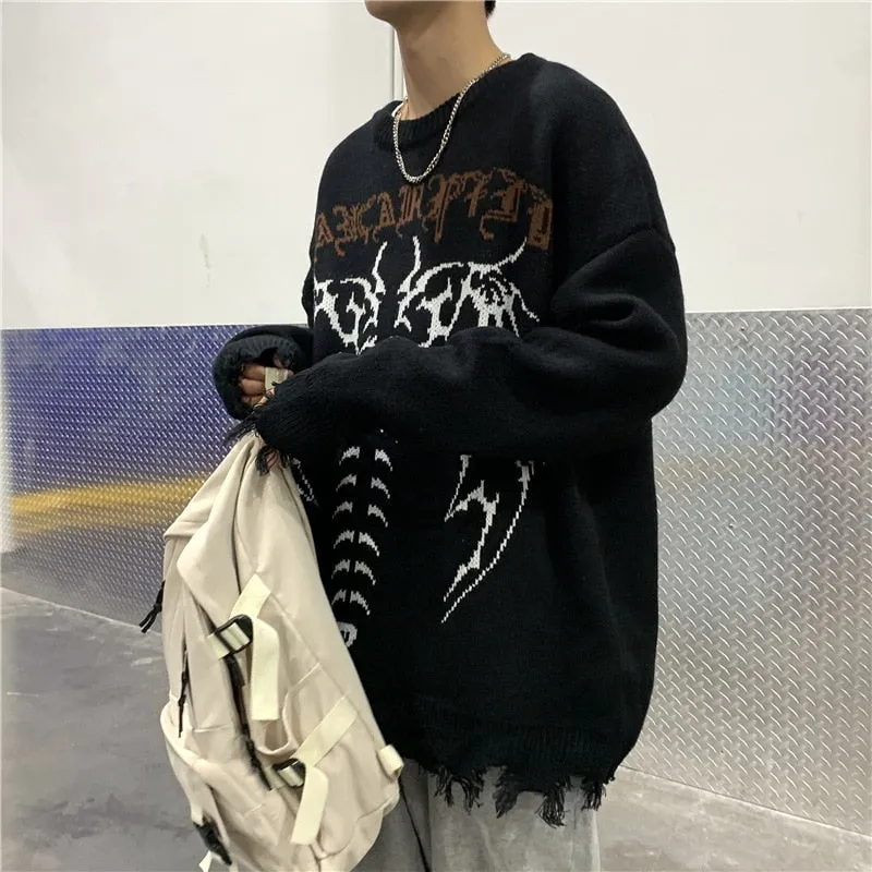 Aidase  Skeleton Jacquard Sweater Mens High Street Autumn Knitted Sweater Raw Hem Ripped  Loose Crew Neck Long Sleeve Pullover Men
