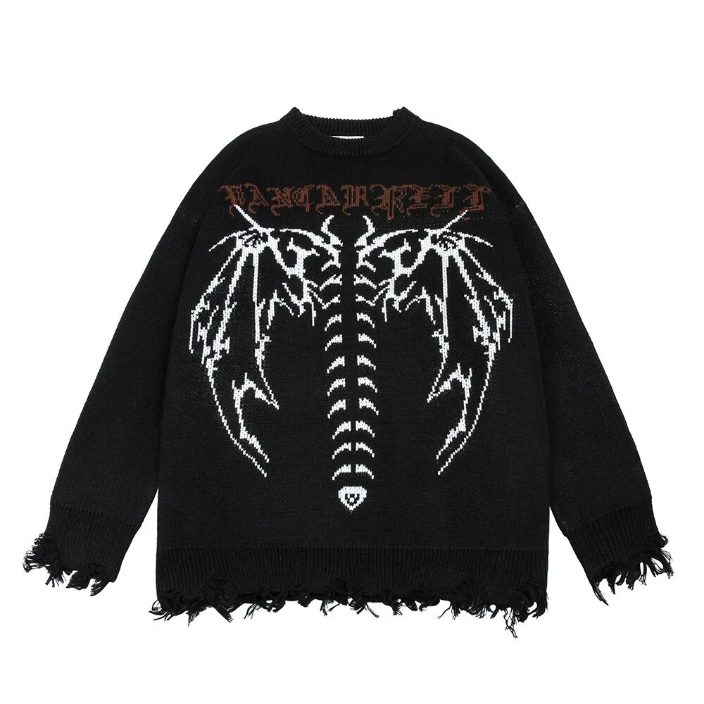Aidase  Skeleton Jacquard Sweater Mens High Street Autumn Knitted Sweater Raw Hem Ripped  Loose Crew Neck Long Sleeve Pullover Men