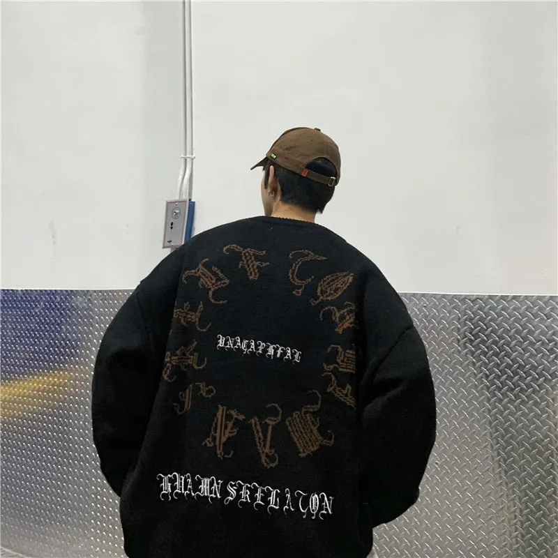 Aidase  Skeleton Jacquard Sweater Mens High Street Autumn Knitted Sweater Raw Hem Ripped  Loose Crew Neck Long Sleeve Pullover Men