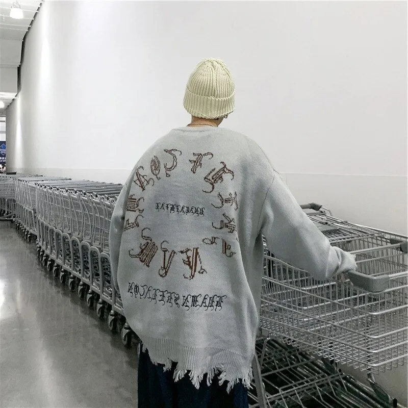 Aidase  Skeleton Jacquard Sweater Mens High Street Autumn Knitted Sweater Raw Hem Ripped  Loose Crew Neck Long Sleeve Pullover Men