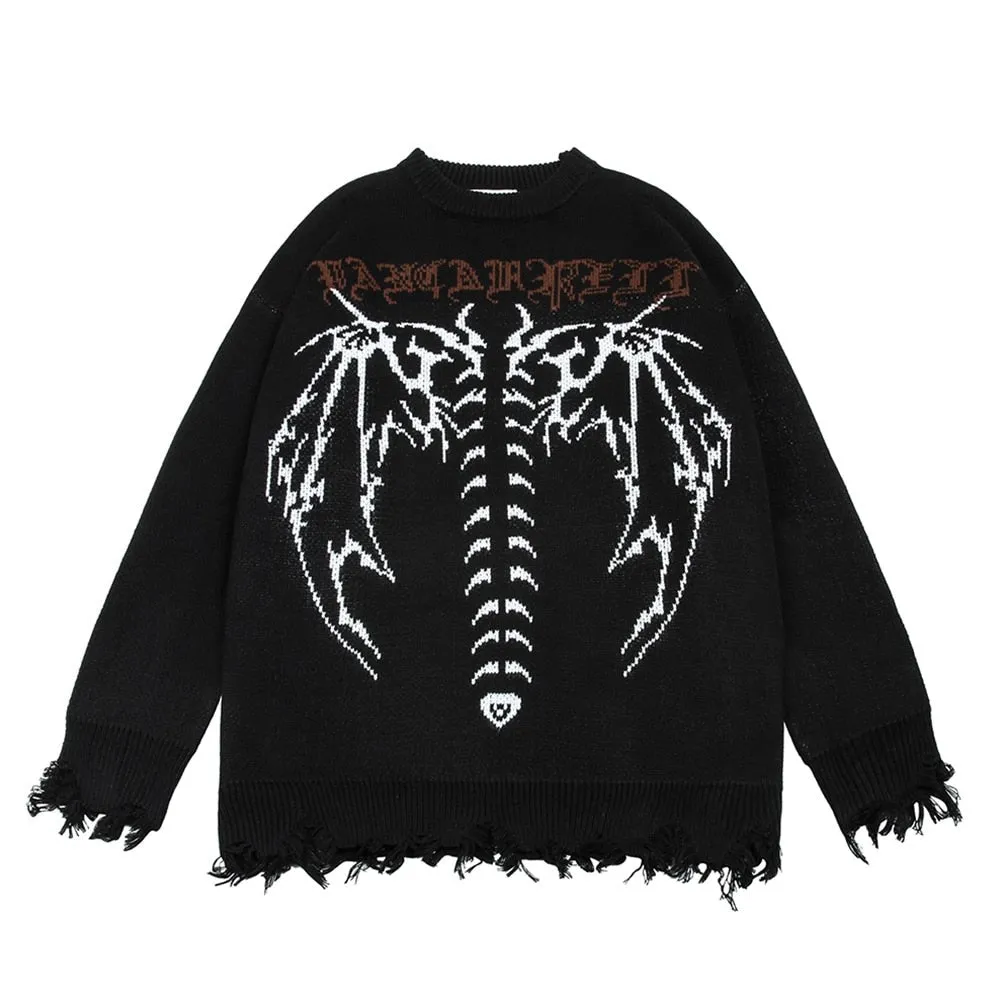 Aidase  Skeleton Jacquard Sweater Mens High Street Autumn Knitted Sweater Raw Hem Ripped  Loose Crew Neck Long Sleeve Pullover Men