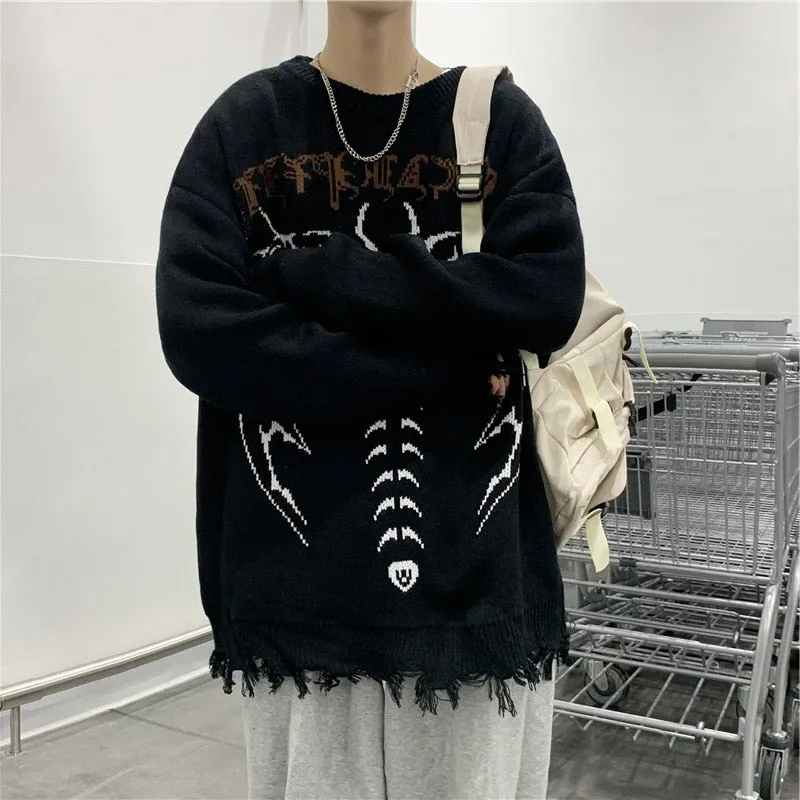 Aidase  Skeleton Jacquard Sweater Mens High Street Autumn Knitted Sweater Raw Hem Ripped  Loose Crew Neck Long Sleeve Pullover Men