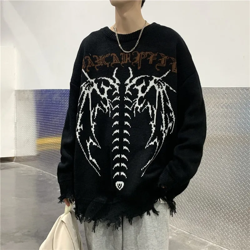Aidase  Skeleton Jacquard Sweater Mens High Street Autumn Knitted Sweater Raw Hem Ripped  Loose Crew Neck Long Sleeve Pullover Men