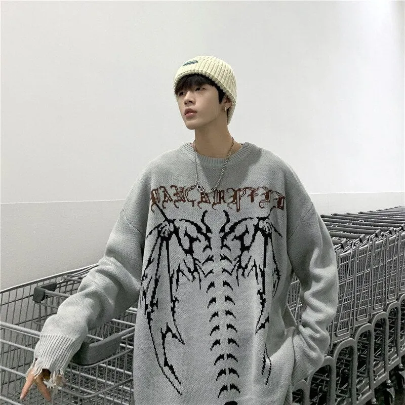 Aidase  Skeleton Jacquard Sweater Mens High Street Autumn Knitted Sweater Raw Hem Ripped  Loose Crew Neck Long Sleeve Pullover Men
