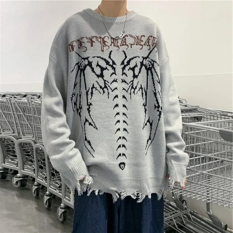 Aidase  Skeleton Jacquard Sweater Mens High Street Autumn Knitted Sweater Raw Hem Ripped  Loose Crew Neck Long Sleeve Pullover Men