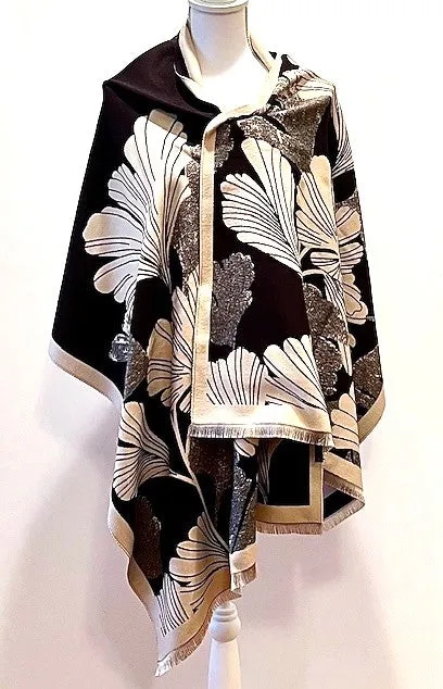 Black Cream Large Gingko Print Reversible Wrap - Artisan Shawl