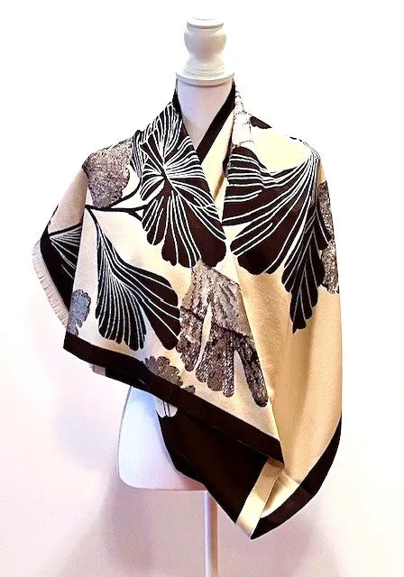 Black Cream Large Gingko Print Reversible Wrap - Artisan Shawl