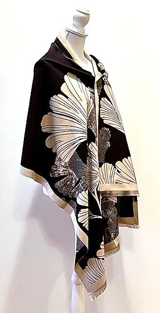 Black Cream Large Gingko Print Reversible Wrap - Artisan Shawl
