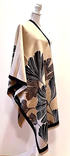 Black Cream Large Gingko Print Reversible Wrap - Artisan Shawl