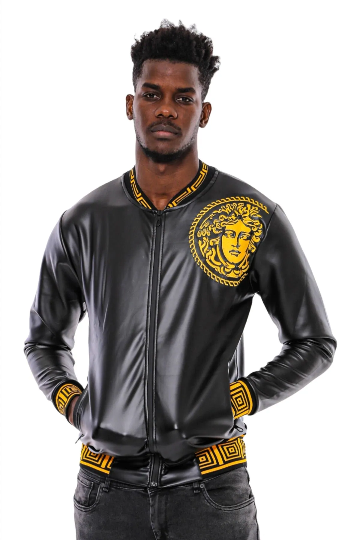 Black Leather Touch Printed Seasonal Coat - Wessi