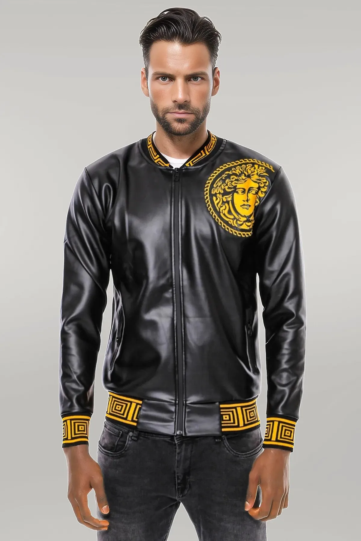 Black Leather Touch Printed Seasonal Coat - Wessi