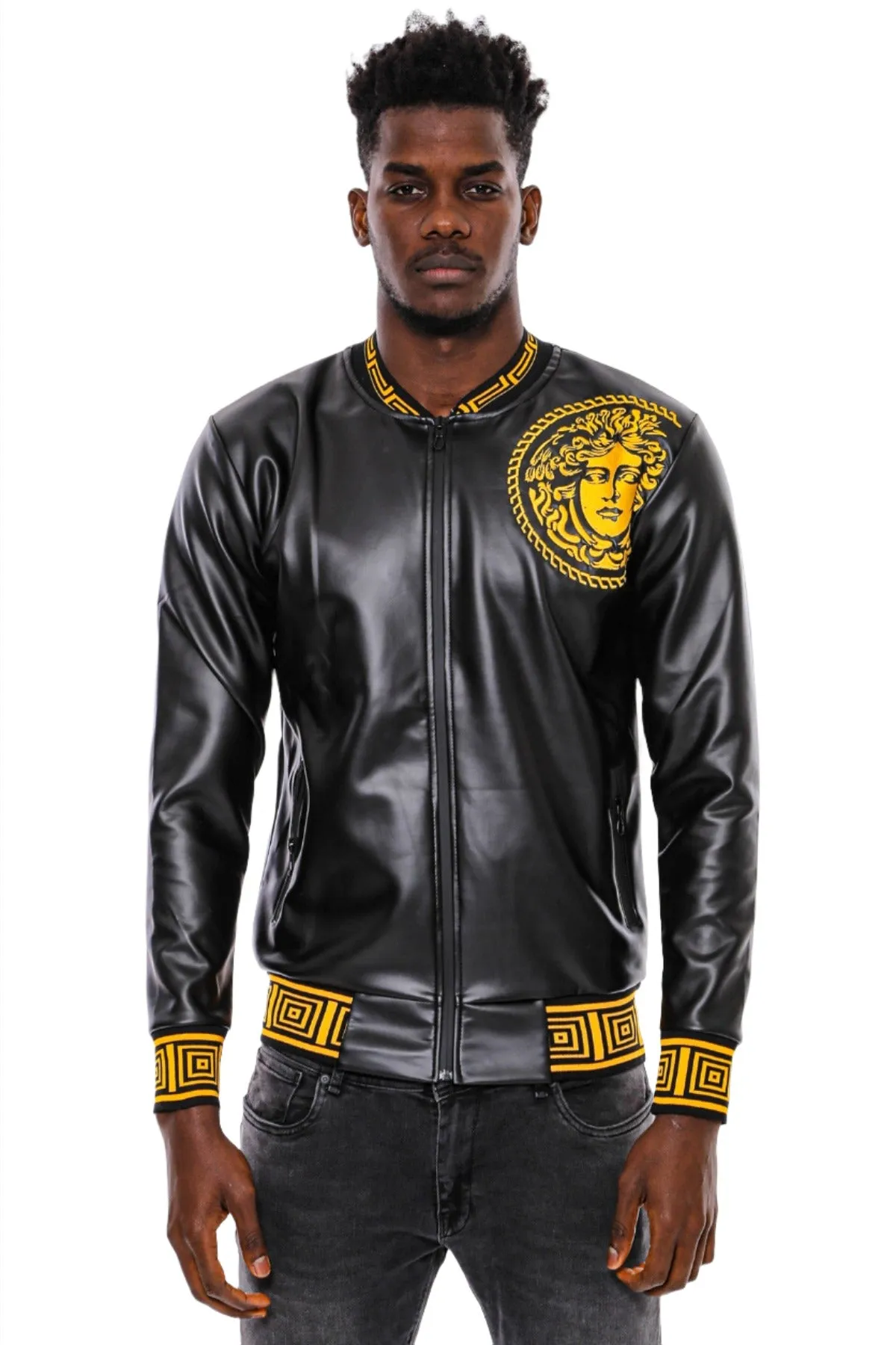 Black Leather Touch Printed Seasonal Coat - Wessi
