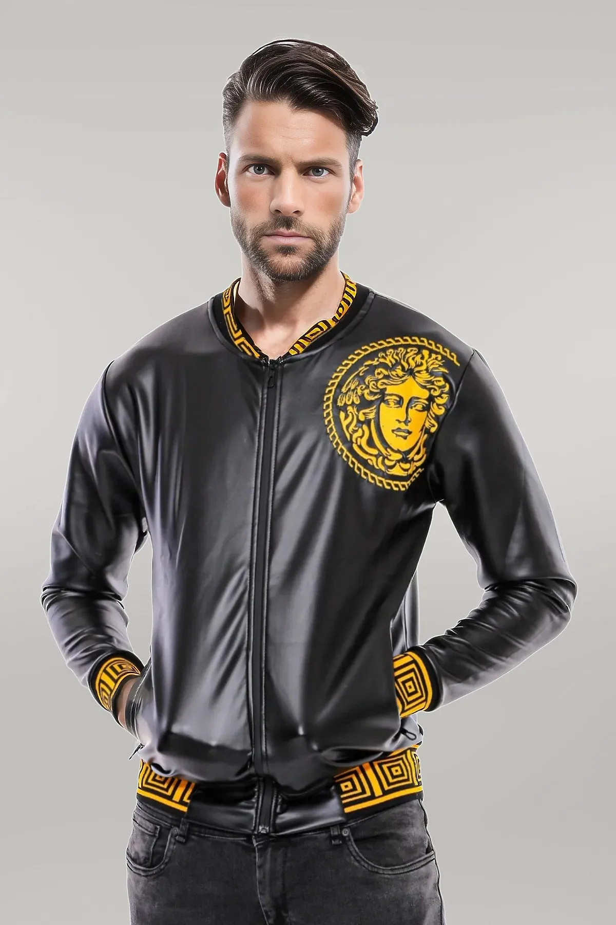 Black Leather Touch Printed Seasonal Coat - Wessi
