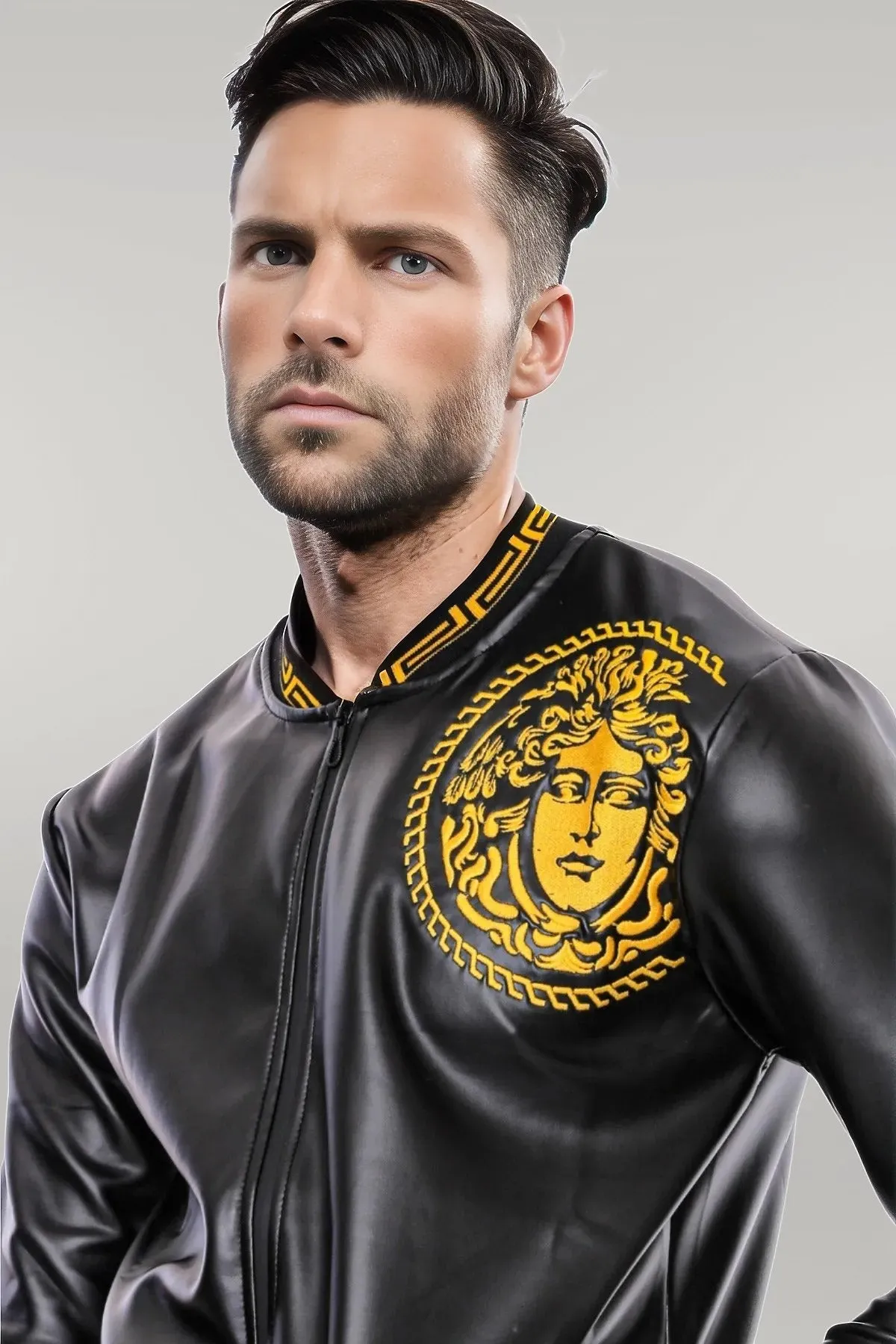 Black Leather Touch Printed Seasonal Coat - Wessi