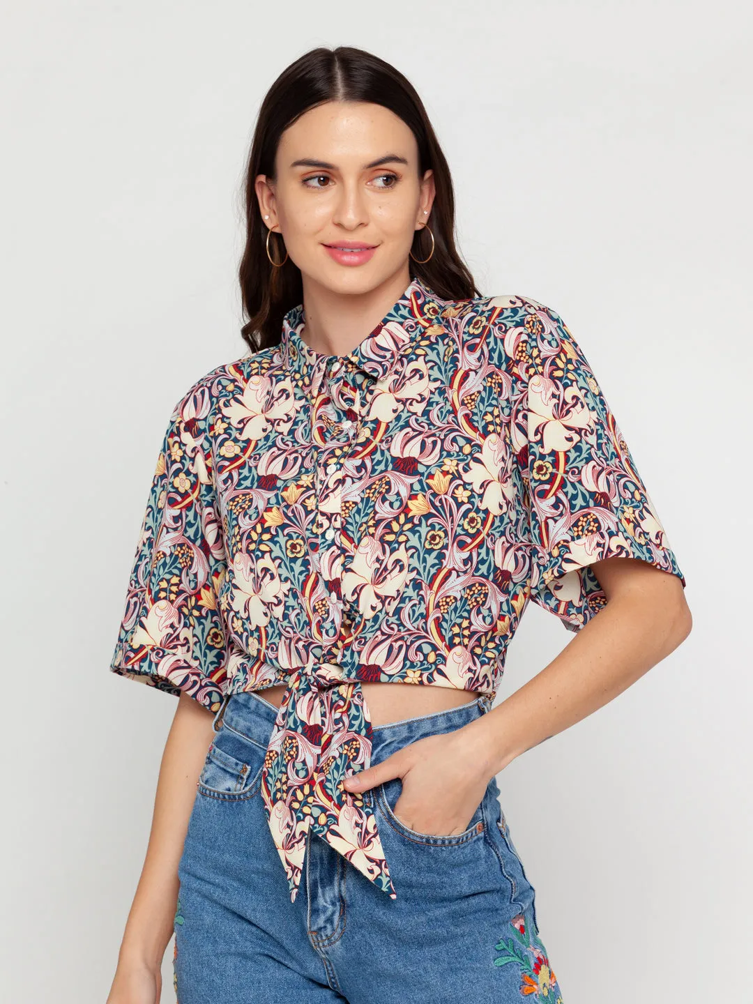 Blue Floral Printed Regular Top