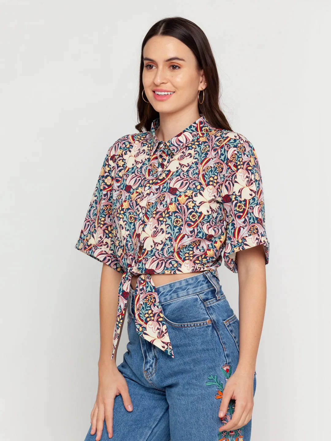 Blue Floral Printed Regular Top