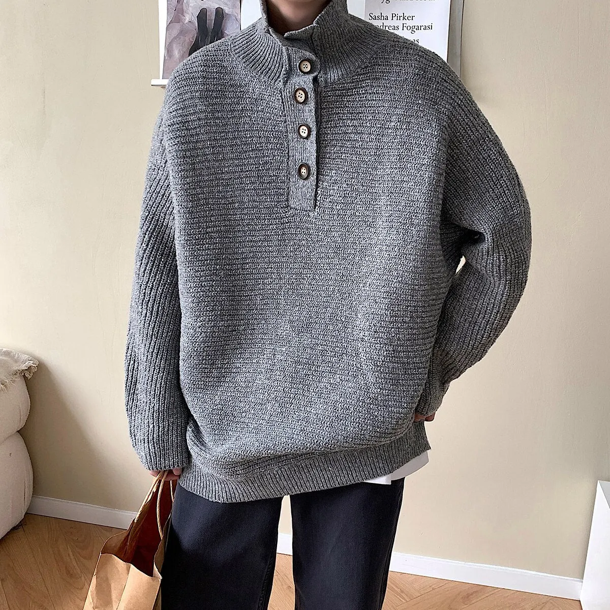 Bonsir Winter Lapel Sweater Men Warm Fashion Casual Knitted Pullover Men Korean Loose Stripe Long Sleeve Sweater Mens Jumper Clothes