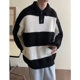 Bonsir Winter Lapel Sweater Men Warm Fashion Casual Knitted Pullover Men Korean Loose Stripe Long Sleeve Sweater Mens Jumper Clothes