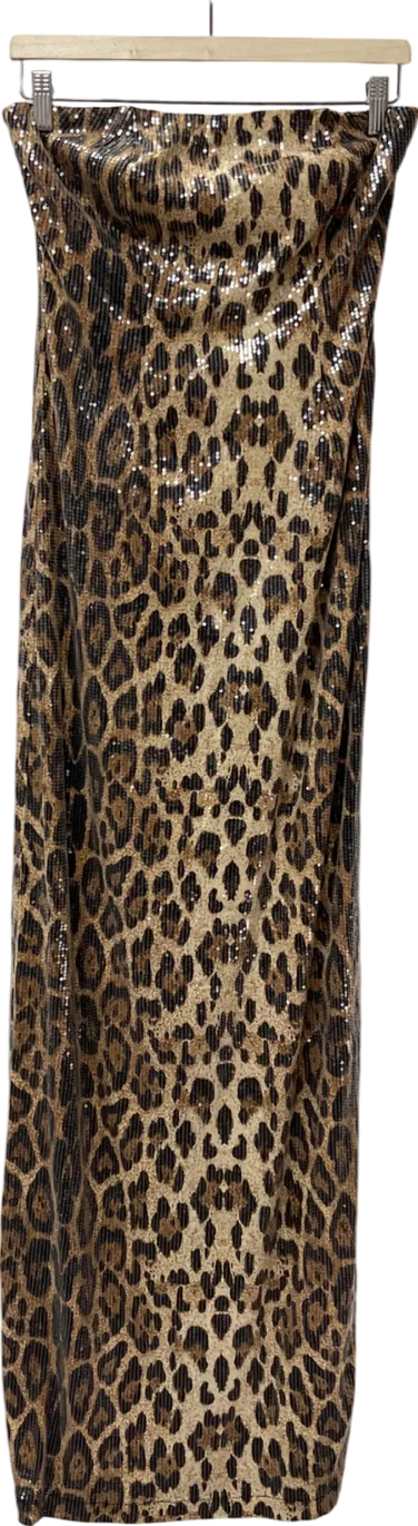 boohoo Brown Tall Leopard Sequin Bandeau Maxi Dress UK 8