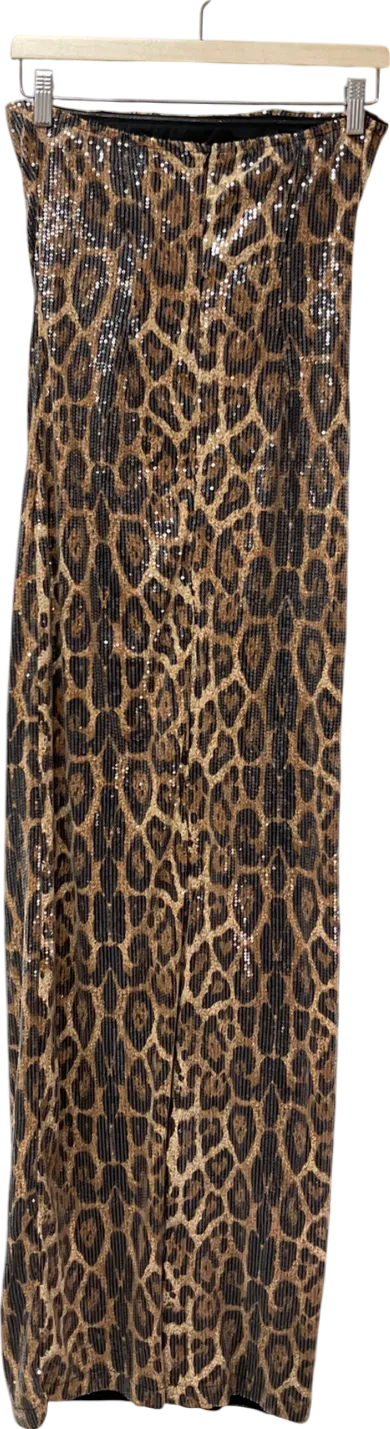 boohoo Brown Tall Leopard Sequin Bandeau Maxi Dress UK 8