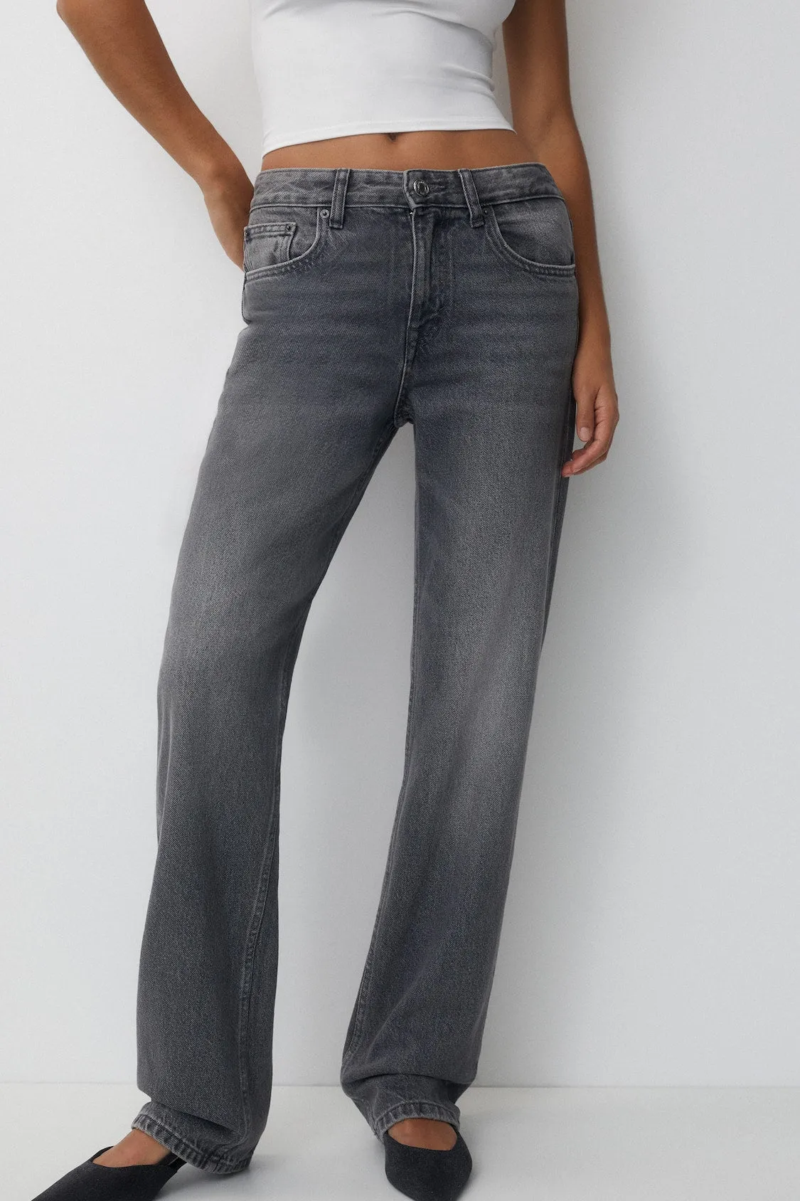 Charcoal Mid Waist Straight Leg Jeans