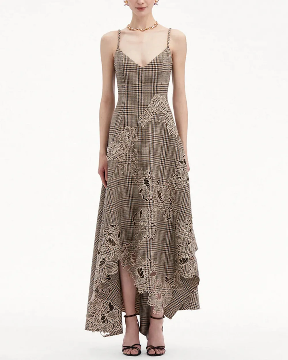 Cocoa Check Peony Guipure Lace Applique Midi Dress