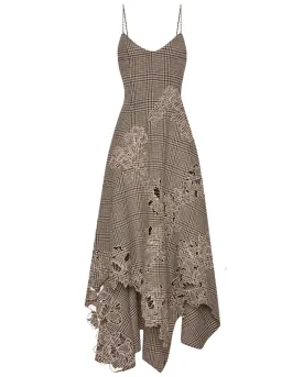 Cocoa Check Peony Guipure Lace Applique Midi Dress