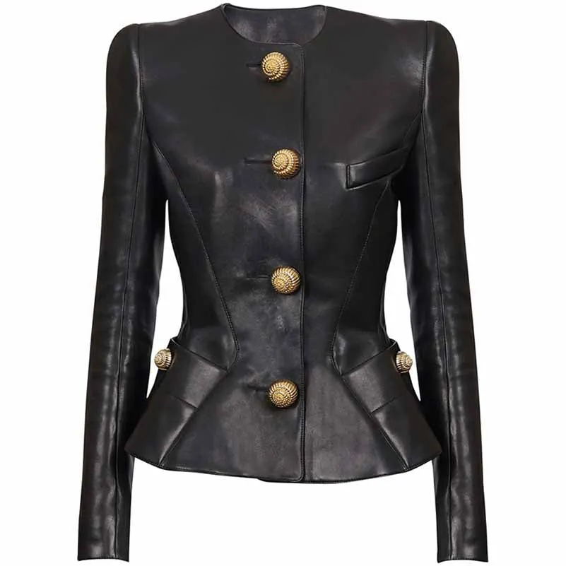 Collarless Faux Leather Jacket with Snail-shaped Buttons
