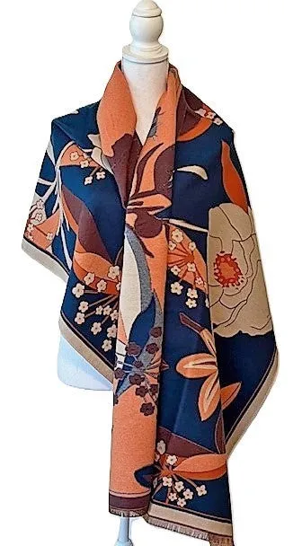 Cozy Cashmere Feel Travel Blue/Orange Reversible Wrap – Artisan Shawl