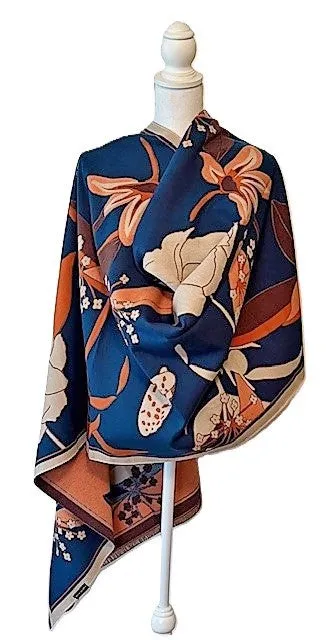Cozy Cashmere Feel Travel Blue/Orange Reversible Wrap – Artisan Shawl