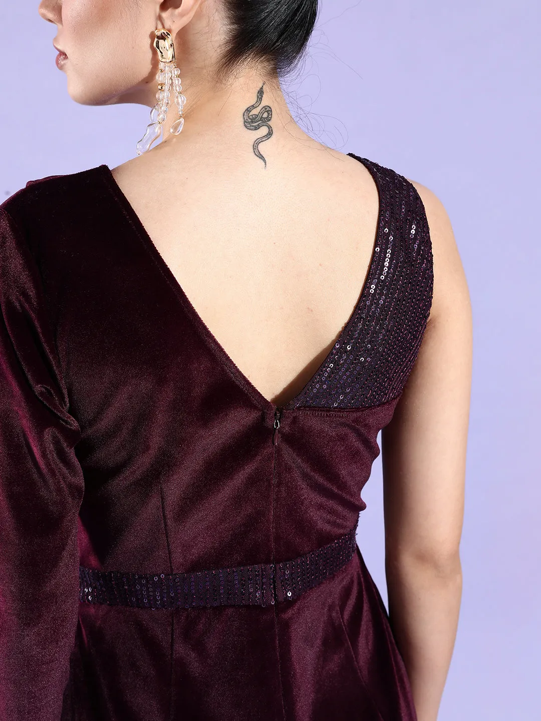 Crease Ease Women's Dark Purple V-Neck Full Sleeve Solid Asymmetric Regular-Length Velvet Jumpsuit