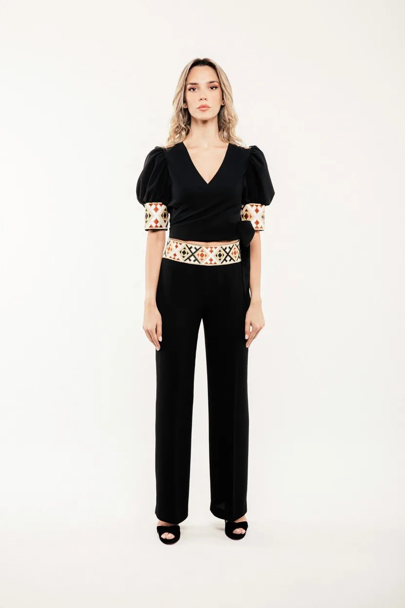 Embroidered Kaveh Straight Leg Pant - Black