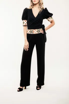 Embroidered Kaveh Straight Leg Pant - Black