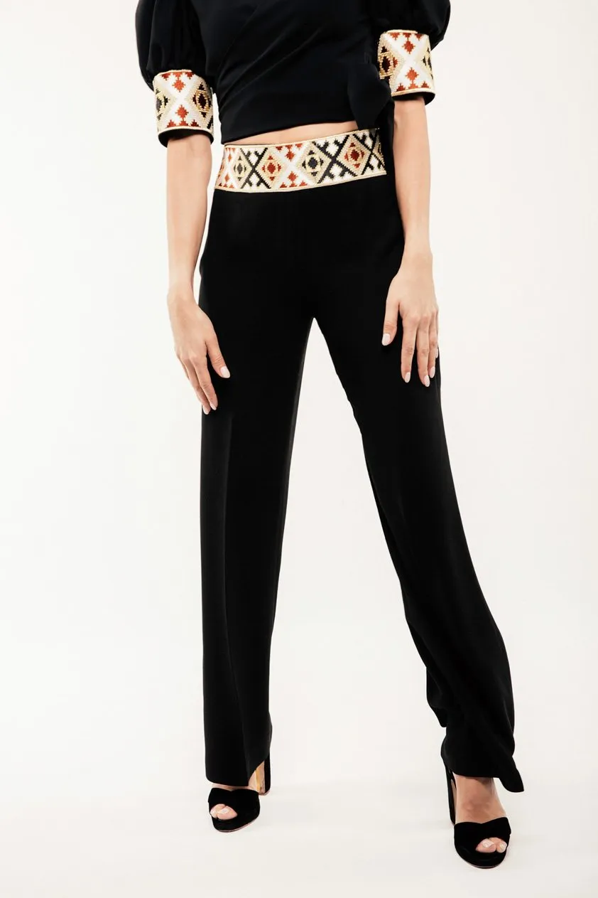 Embroidered Kaveh Straight Leg Pant - Black