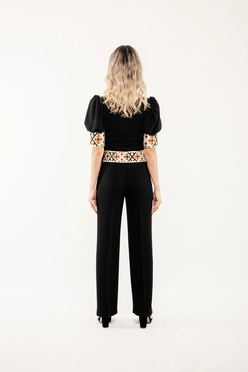 Embroidered Kaveh Straight Leg Pant - Black