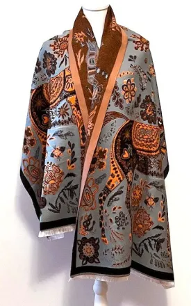 Equestrian Turquoise Orange Print Reversible Wrap - Artisan Shawl