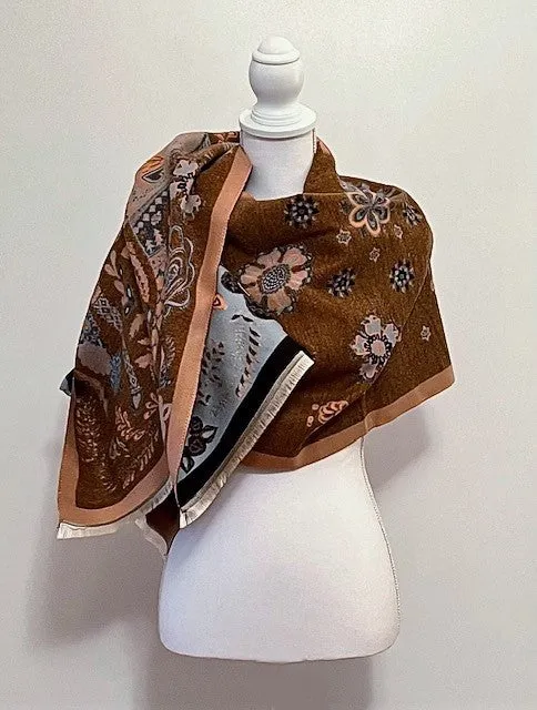 Equestrian Turquoise Orange Print Reversible Wrap - Artisan Shawl