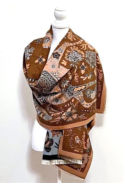 Equestrian Turquoise Orange Print Reversible Wrap - Artisan Shawl