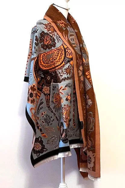 Equestrian Turquoise Orange Print Reversible Wrap - Artisan Shawl