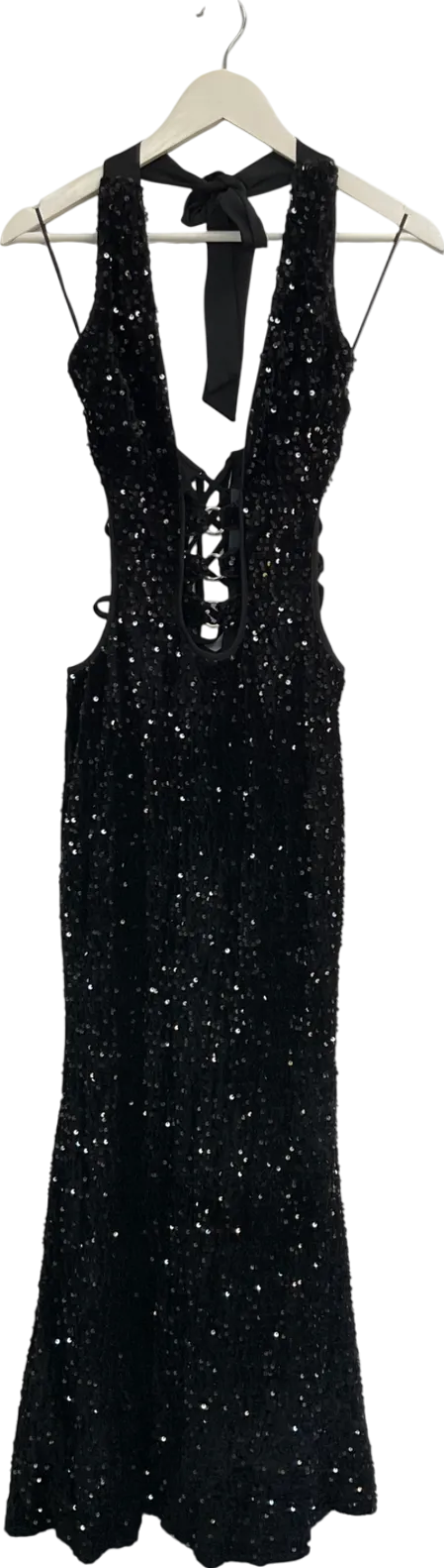 Fashion Nova Black Halter Neck Sequin Maxi Dress UK S