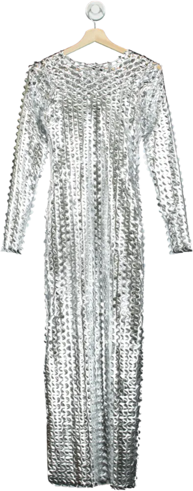 Fashion Nova Silver Sequin Long Sleeve Maxi Dress UK S