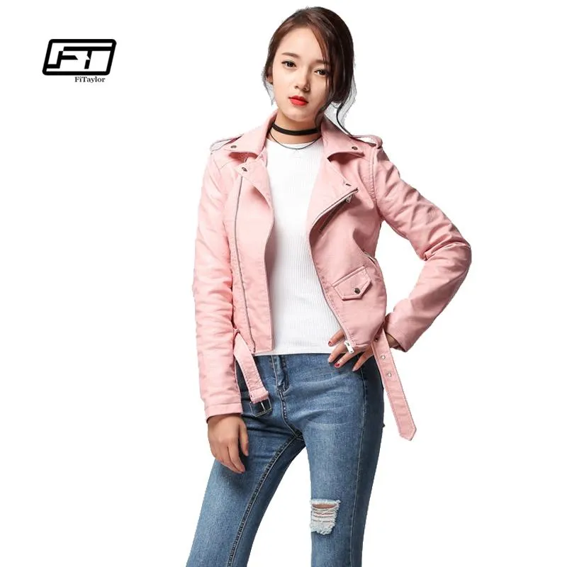 Fitaylor 2018 Spring Autumn Women Faux Soft Leather Jacket Long Sleeve Pink Biker Coat Zipper Design Motorcycle PU Red Jacket