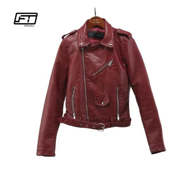 Fitaylor 2018 Spring Autumn Women Faux Soft Leather Jacket Long Sleeve Pink Biker Coat Zipper Design Motorcycle PU Red Jacket