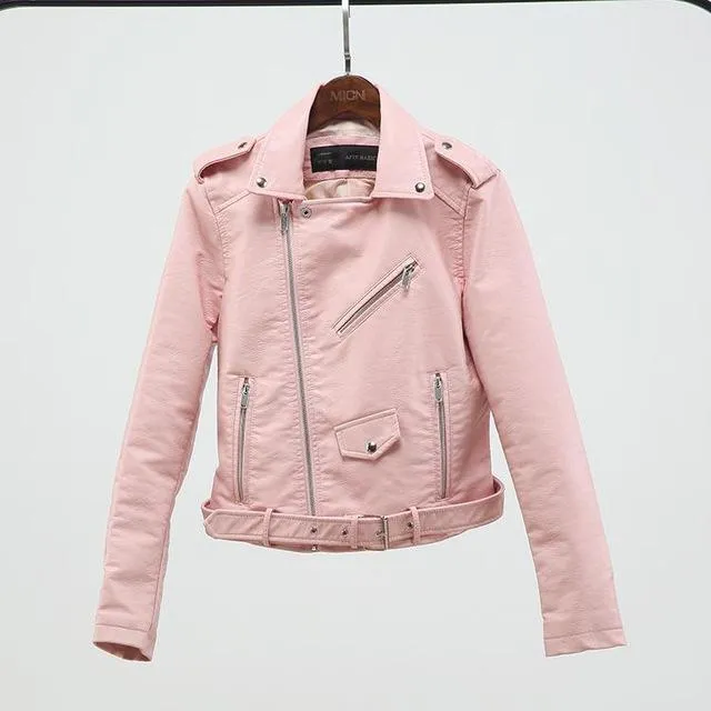 Fitaylor 2018 Spring Autumn Women Faux Soft Leather Jacket Long Sleeve Pink Biker Coat Zipper Design Motorcycle PU Red Jacket