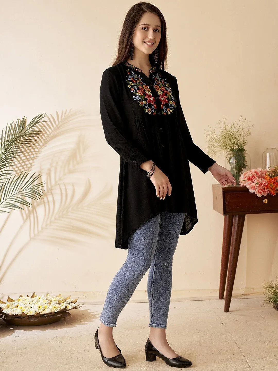 Floral Embroidered black Mandarin Collar Short Kurti