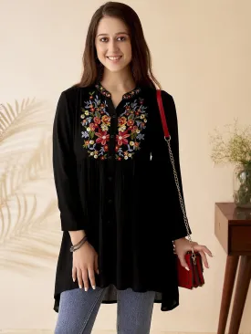 Floral Embroidered black Mandarin Collar Short Kurti