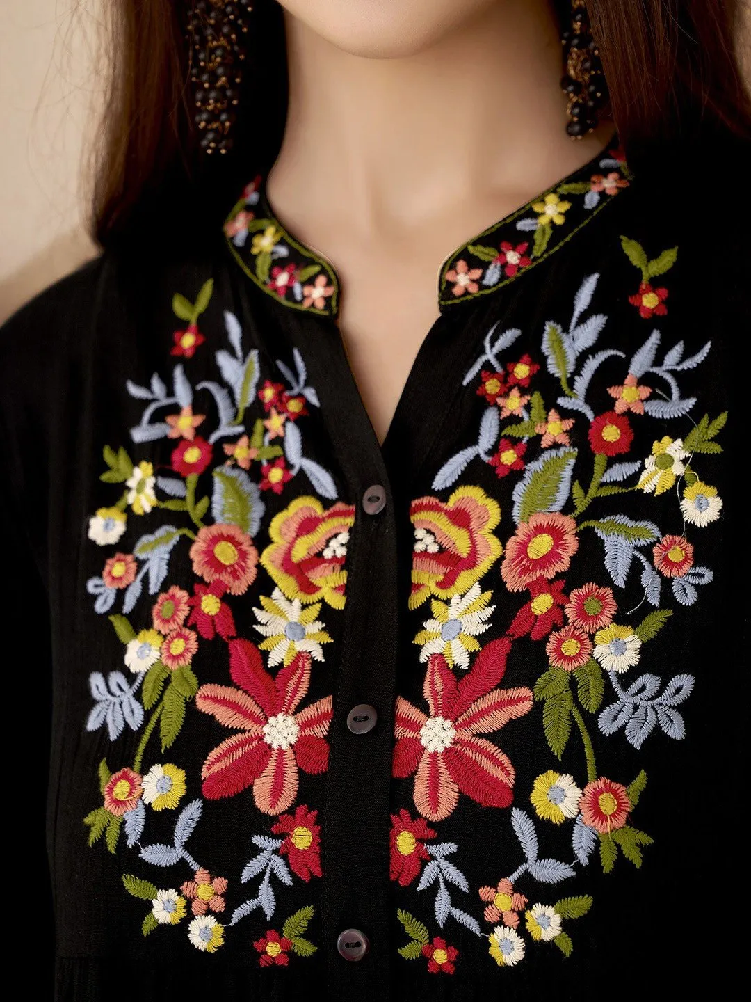 Floral Embroidered black Mandarin Collar Short Kurti